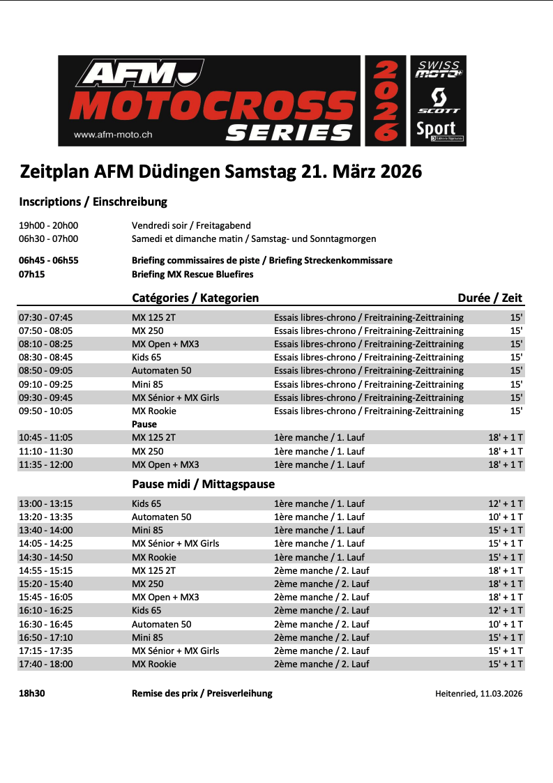 Horaire AFM Düdingen / Guin samedi 21 mars 2026